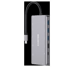 Slika proizvoda: CANYON 13 in 1 USB C hub, with 2*HDMI, 3*USB3.0: support max. 5Gbps, 1*USB2.0: support max. 480Mbps, 1*PD: support max 100W PD, 1*VGA,1* Type C data, 1*Glgabit Ethernet, 1*3.5mm audio jack, cable 15cm, Aluminum alloy housing,130*57.5*15 mm,DarK gray