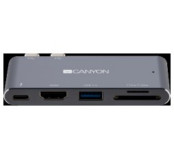 Slika proizvoda: CANYON DS-5 Multiport Docking Station with 5 port, with Thunderbolt 3 Dual type C male port, 1*Thunderbolt 3 female+1*HDMI+1*USB3.0+1*SD+1*TF. Input 100-240V, Output USB-C PD100W&USB-A 5V/1A, Aluminium alloy, Space gray, 90*41*11mm, 0.04kg