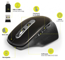 Slika proizvoda: Port miš OFFICE EXE punjivi WL+BT, USB-A/C, crni