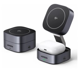 Slika proizvoda: UGREEN 2in1 punjač, 15W, bežični, Qi2, za iPhone, AirPods Pro, sivi
